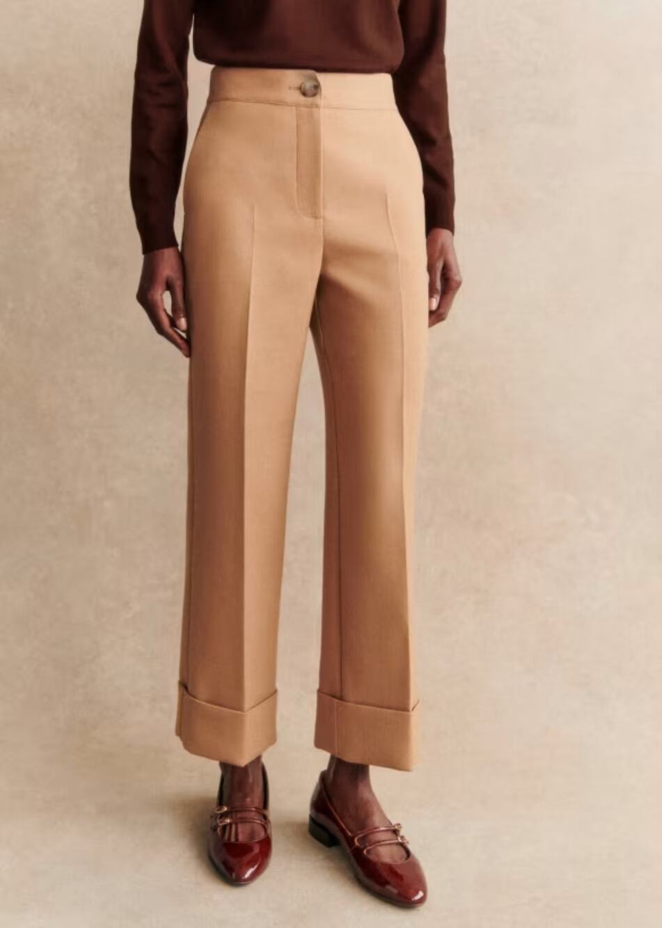 Sezane Damon wide leg crop cuffed high waisted trousers camel